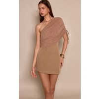 Taupe Woven Mesh Shoulder Drape Corset Dress | PrettyLittleThing US