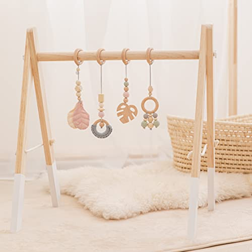 let's make Organic Wooden Play Gym with 4 Hanging Toys Foldable Baby Play Gym Frame Activity Center Hanging Bar Baby Tummy Time Play Gym Ideal Gift for Newborn Baby Boys Girls/Pink | Amazon (US)