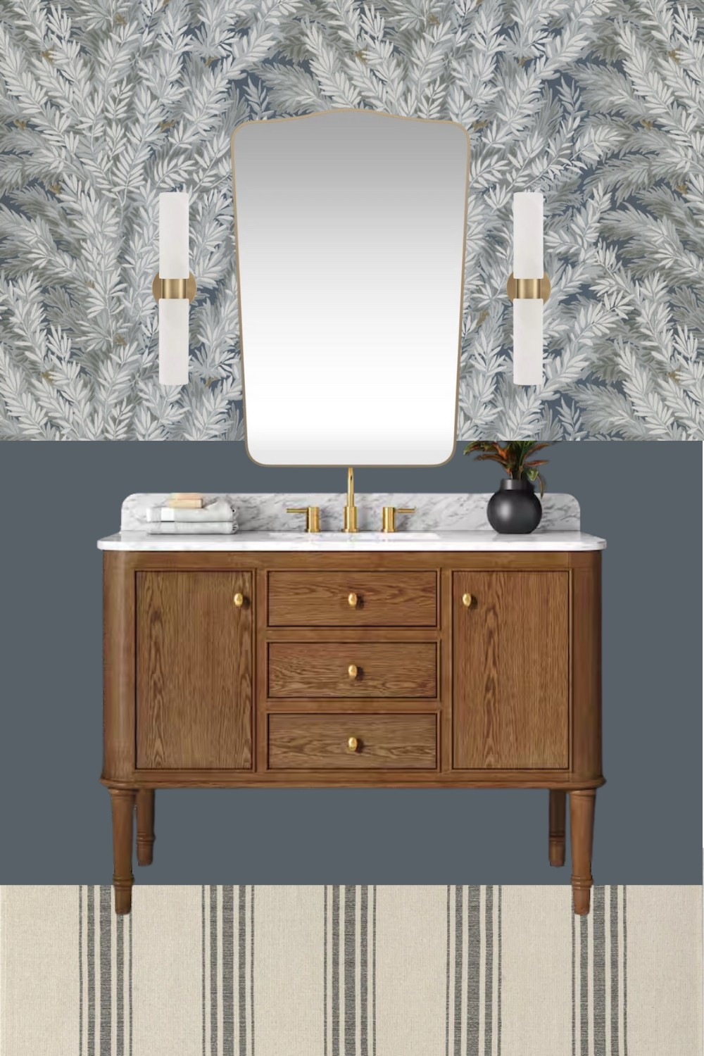 Small bathroom design 

Pain color: SW outerspace
Walnut bathroom vanity
Wallpaper: Florencecourt 

#LTKHome #LTKStyleTip #LTKFamily