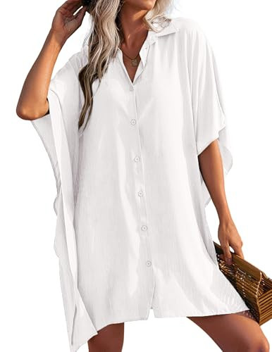 Ekouaer Pool Coverups for Women Button Down Beachwear Cover Up Shirt White Beach Dress,X-Large | Amazon (US)