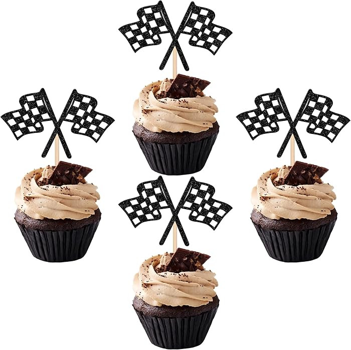 24 PCS Checkered Racing Flag Cupcake Toppers Black Glitter Race Car Finish Line Checkered Flag Cu... | Amazon (US)