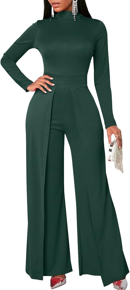 Women's Wide Leg Jumpsuits Outfits Casual One Piece Long Sleeve Overlay Pants Rompers | Amazon (US)
