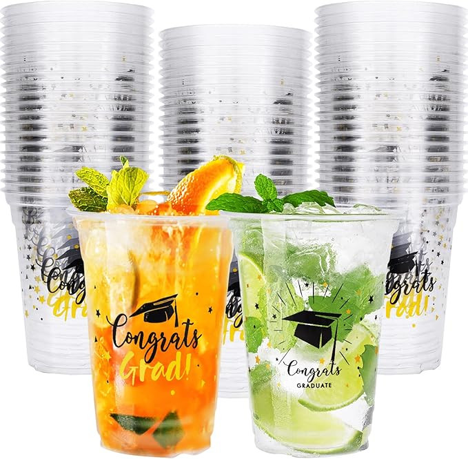Whaline Graduation Cups Plastic 12oz Congrats Grad Disposable Cups Party Cups Black Gold Graduati... | Amazon (US)