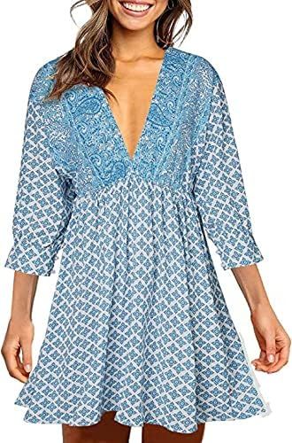 Happy Sailed Womens Deep V Neck Long Sleeve Tunic Dress Ethinc Print Beach Dresses | Amazon (US)