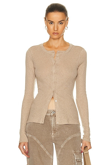 Enza Costa Cashmere Long Sleeve Cardigan in Khaki - Beige. Size L (also in M, S, XL, XS). | FWRD 