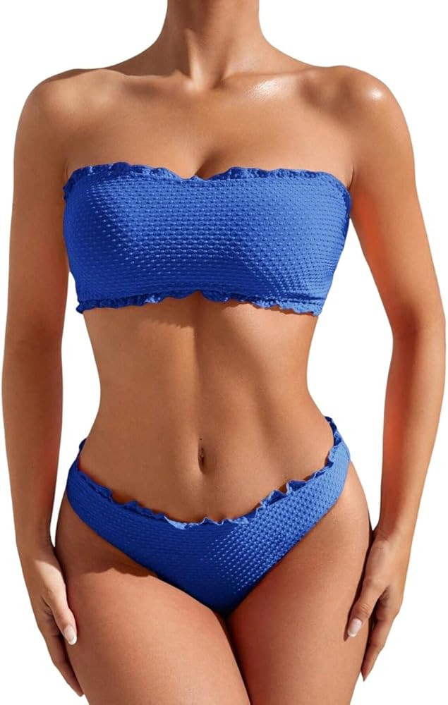 ZAFUL Women Strapless Bandeau Bikini Shell 2 Piece Swimwear Cheeky Solid Lace up Pom Bathing Suit... | Amazon (US)