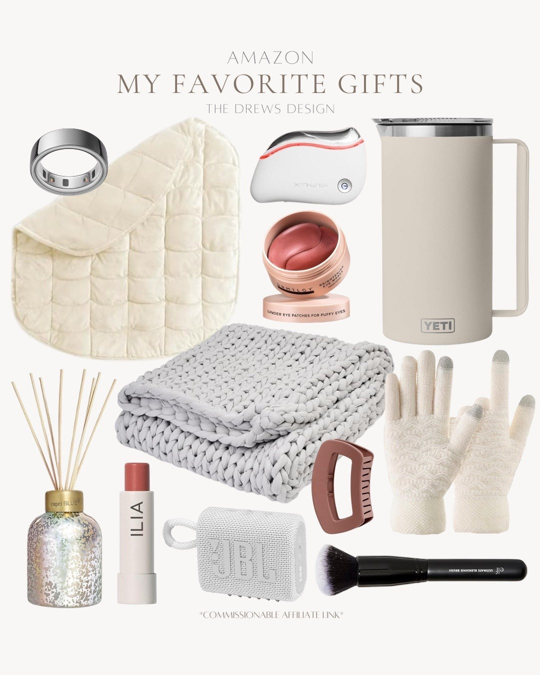 My favorite gifts include reed diffuser, ilia lip tint, weighted blanket, eye patches, heated gua sha, speaker, makeup brush, gloves, hair claw, pitcher, oura ring.

Gift guide, gifts for her, favorite things gifts

#LTKFindsUnder100 #LTKSeasonal #LTKGiftGuide