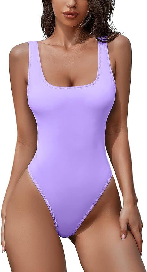 QINSEN Women's Square Neck Open Back High Cut Monokini Tummy Control One Piece Swimsuit | Amazon (US)