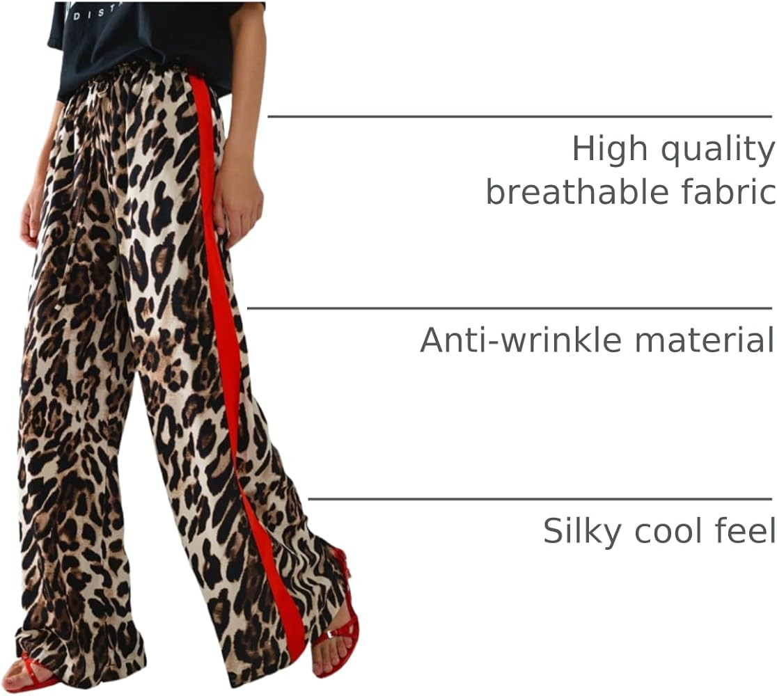 Women's Casual Pants Drawstring Leopard Print Color Block Side Striped Straight Leg Wide Leg Loos... | Amazon (US)
