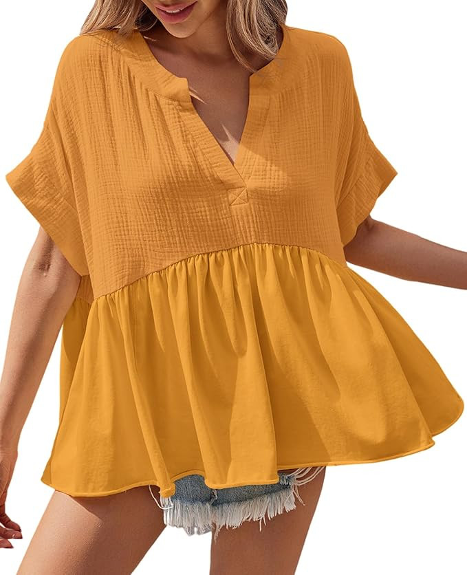 Tankaneo Womens Peplum Babydoll Tops Summer Short Sleeve Pleated Flowy Shirts Casual Loose Fit V ... | Amazon (US)
