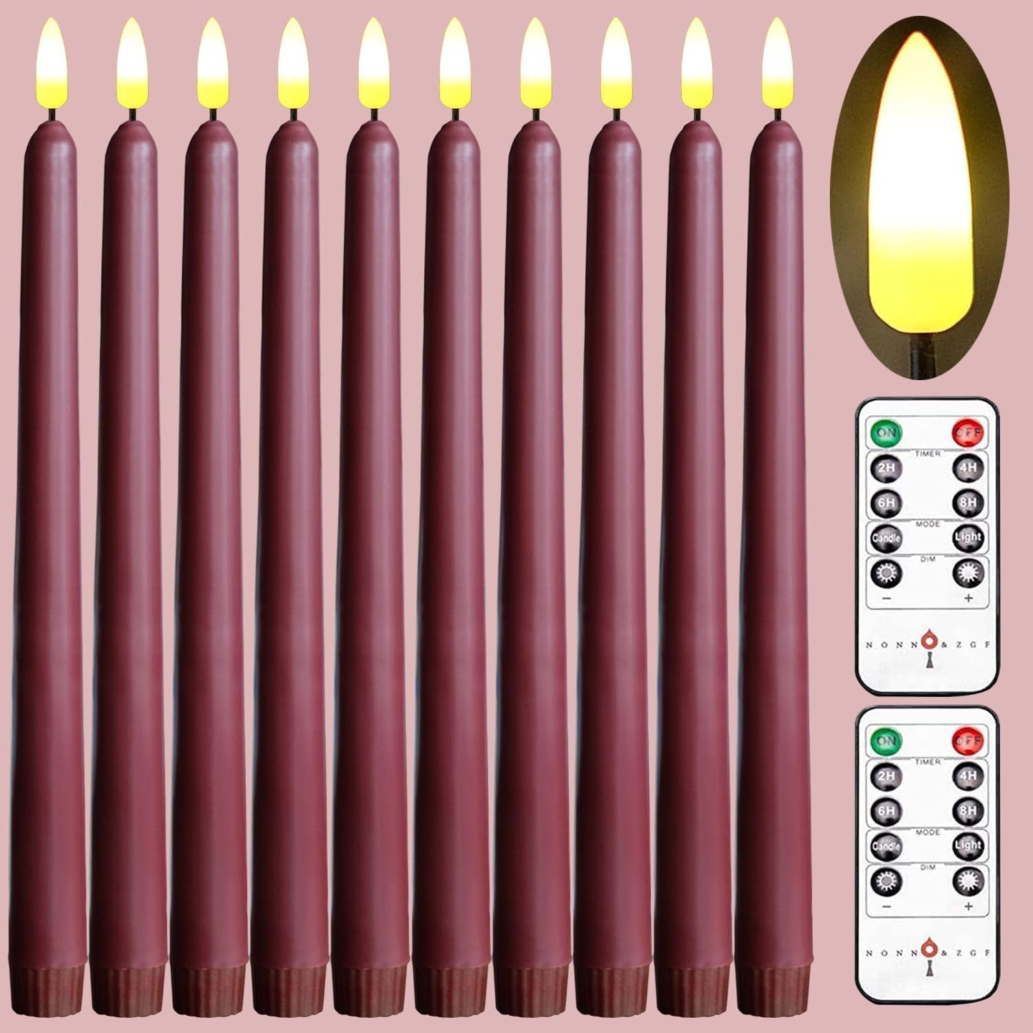 NONNO & ZGF 10 Burgundy RED Flameless 11'' Wax Coverd Taper Candles with 2 Remote, LED Battery Op... | Amazon (US)
