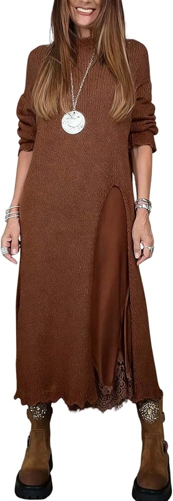 chouyatou Women Fall Winter 2 Piece Sweater Dress Sets with Lace Slip Dress | Amazon (US)