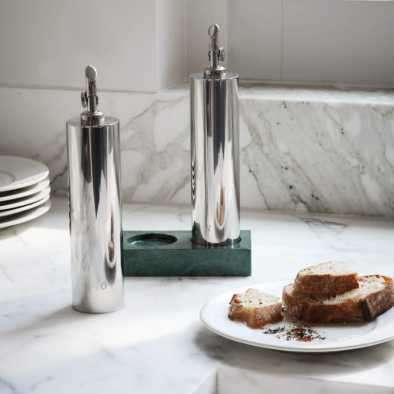 Geneve Recycled Stainless Steel Cruet Set with Green Marble Base by Daniel Humm + Reviews | Crate... | Crate & Barrel