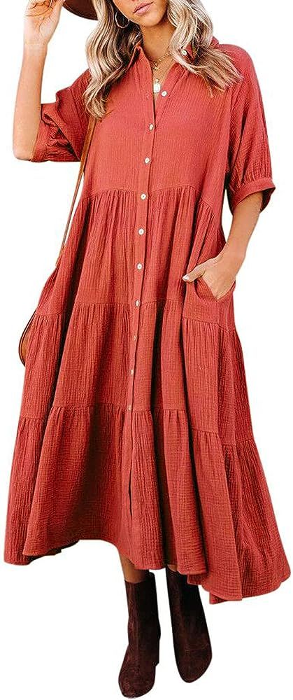 R.Vivimos Women's Summer Cotton Half Sleeves Button Down Casual Loose Slit Midi Dress with Pocket... | Amazon (US)