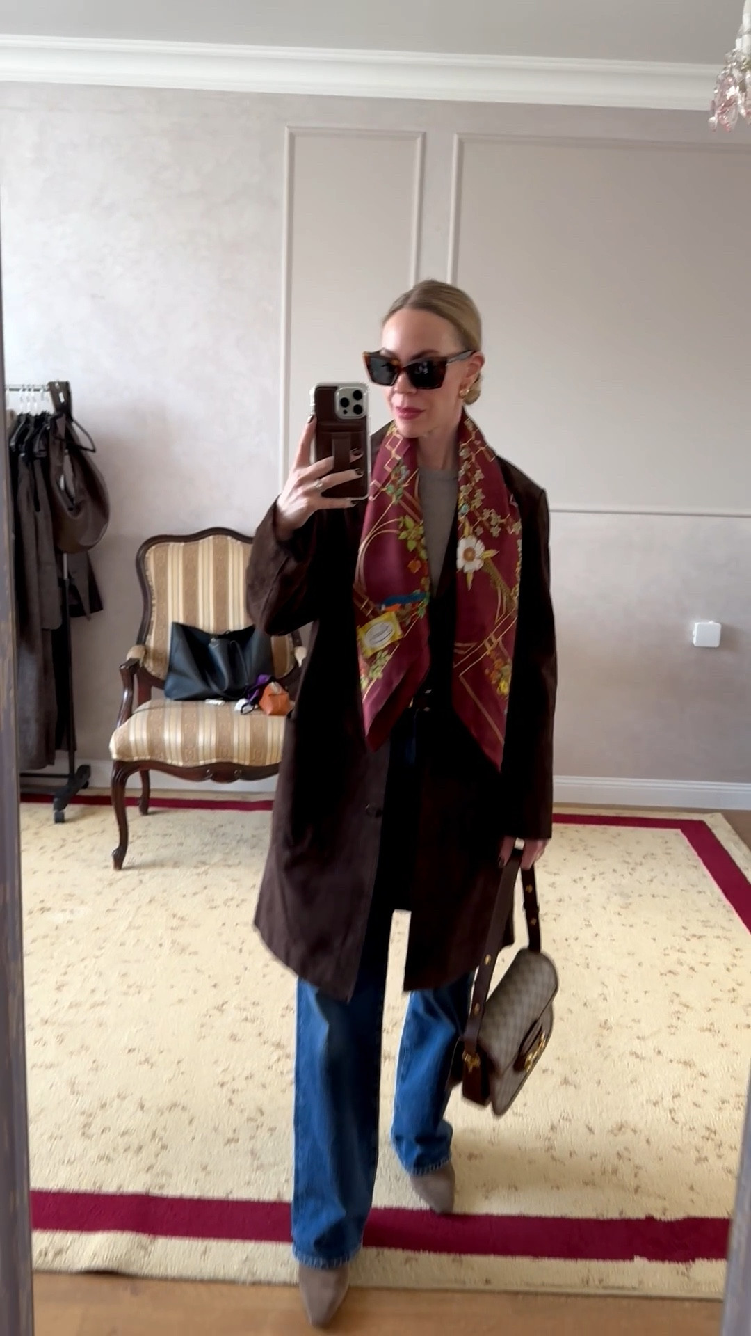 Spring outfit, @Zara chocolate brown suede coat, Gucci silk scarf, @Shopbop dark wash jeans, Gucci bag, brown and burgundy outfit

#LTKSaleAlert #LTKSeasonal #LTKOver40
