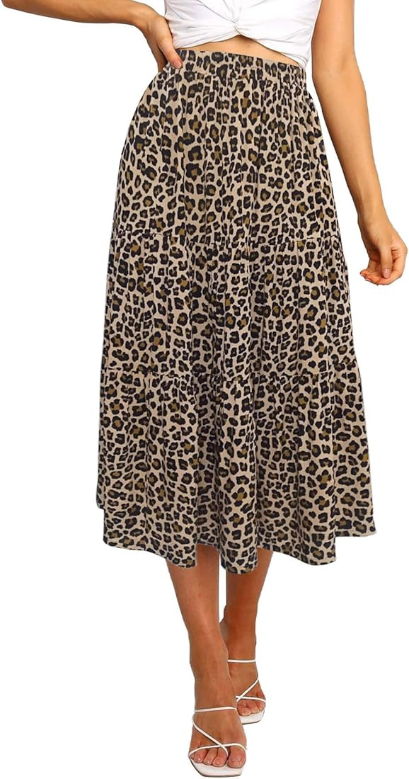 MEROKEETY Women's Boho Leopard Print Skirt Pleated A-Line Swing Midi Skirts | Amazon (US)