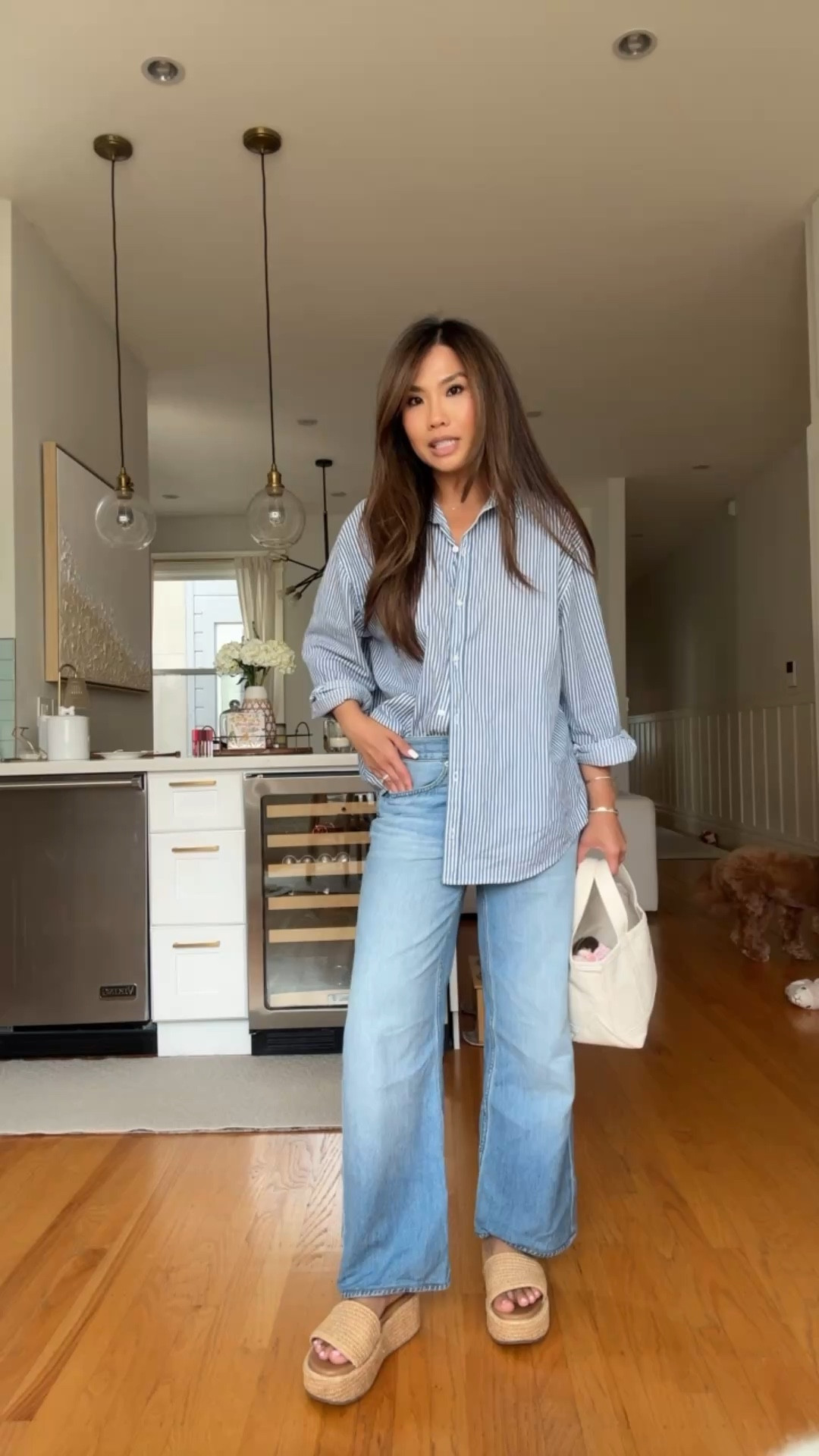 My exact striped colorway is a few years old but linking this years light blue stripe colorway! These old navy boyfriend shirts are great and on sale for $27.99 right now. Oversized boyfriend fit, wearing xs

Jeans are old, linked similar that I had in 25 short 
Platform raffia sandals tts  

#LTKootd #LTKPetite