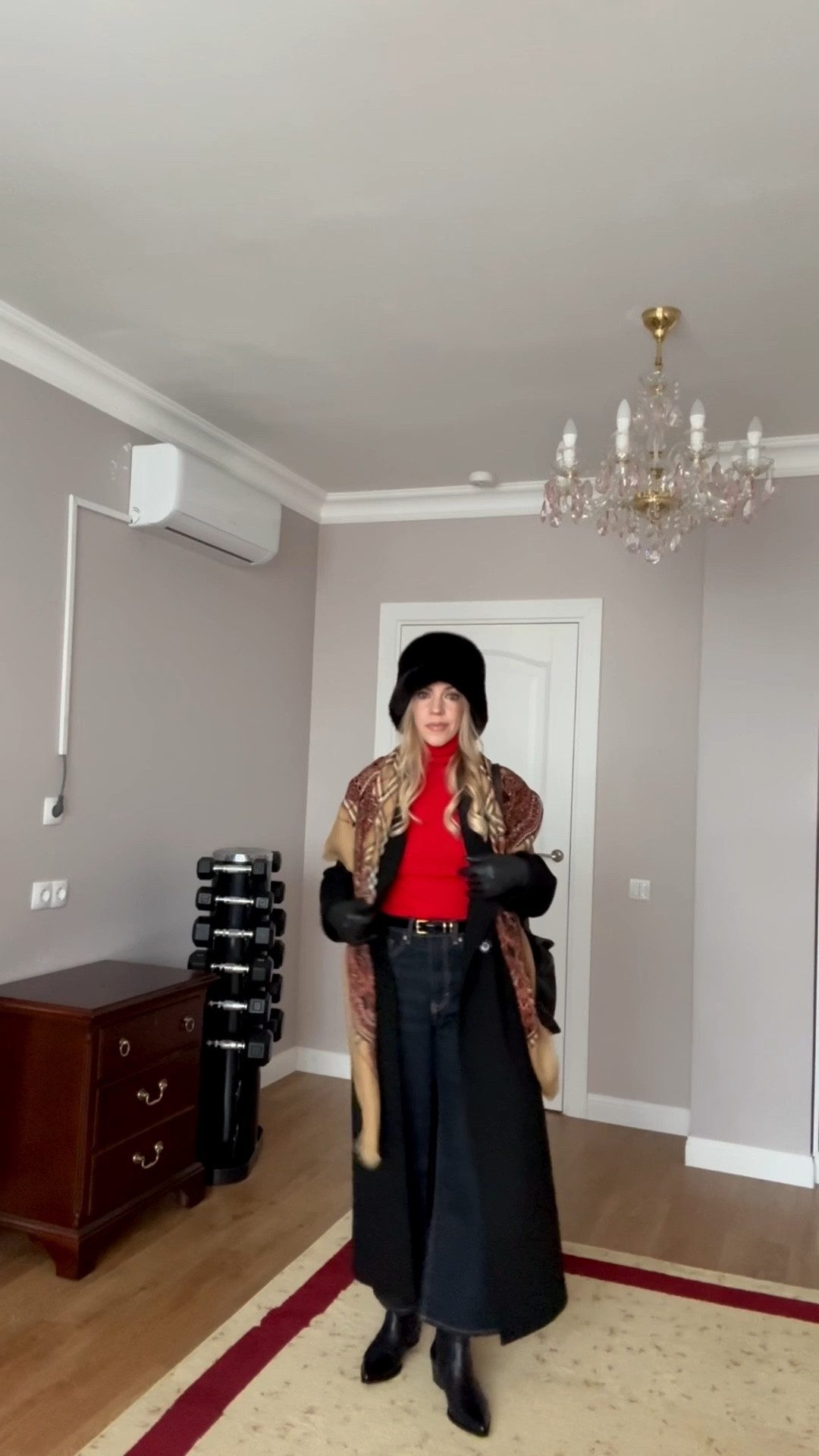 Holiday outfit, black oversized wool coat, fur bucket hat, red turtleneck sweater, black leather gloves vintage Burberry scarf, wide leg cropped jeans, black western boots, Loewe Flamenco handbag 

#LTKOver40 #LTKHoliday #LTKgrwm