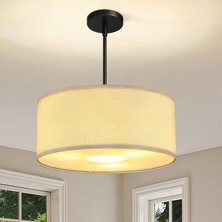 60-Watt 3 Light Round Shaded Black Pendant Light with Fabric Shade Adjustable Height Light Fixture For Kitchen Island | The Home Depot