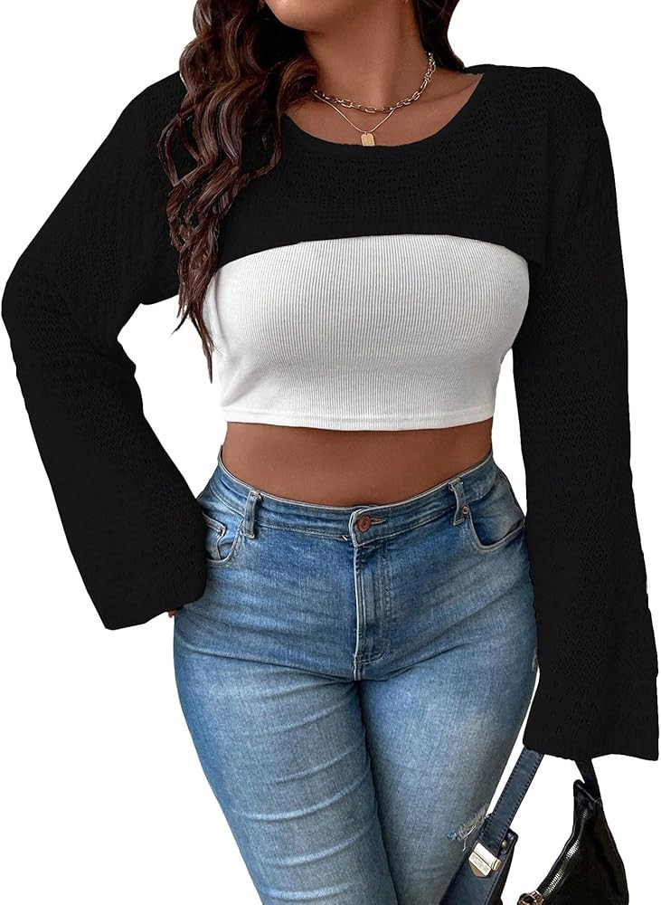 Verdusa Women's Plus Crewneck Long Sleeve Cutout Knit Crop Tops Casual Sweater | Amazon (US)