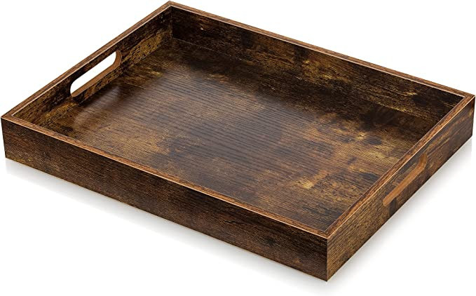 Amazon.com: Hanobe Brown Decorative Serving Trays: Rustic Brown Rectangle Tray Decor with Cutout ... | Amazon (US)