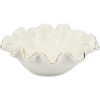 8" White Fruit Bowl Ceramic Ruffle Lotus Design with Gold Trim, Decorative Leaf Floral Bowl for C... | Amazon (US)