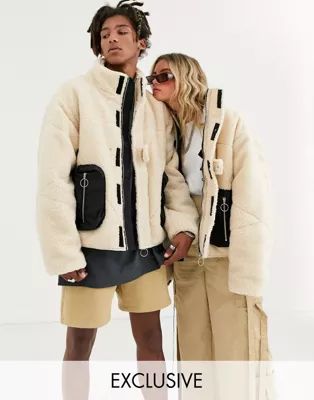 COLLUSION Unisex teddy puffer jacket with utility pockets in ecru | ASOS US