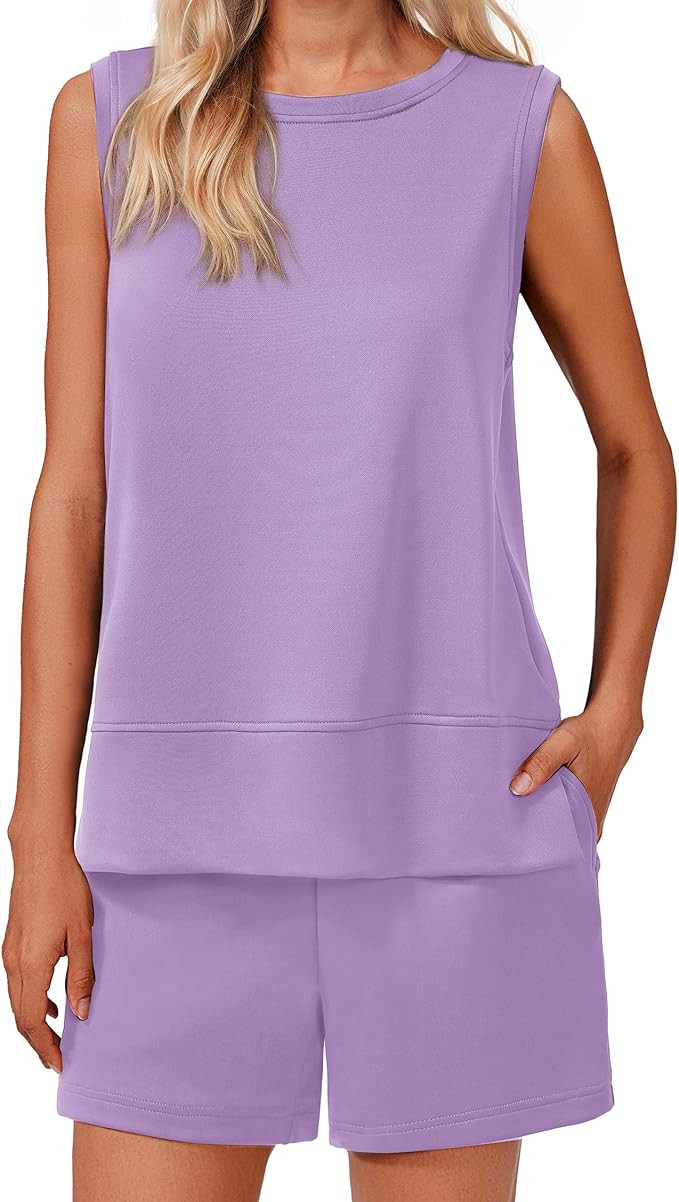 PINSPARK Two Piece Sets for Women Summer Sleeveless Lounge Set Crewneck Tops Sweatsuit Drawstring... | Amazon (US)