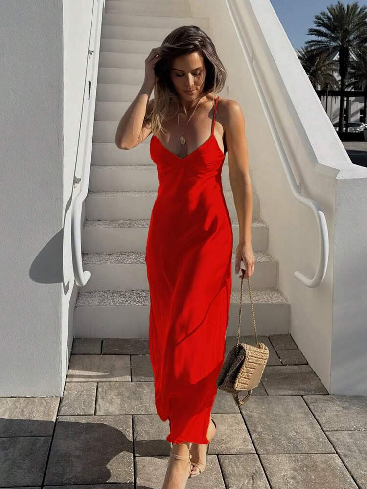 SHIBASHAN Summer Sexy Satin Slip V-Neck Long Dress For Woman Fashion Spaghetti Strap Slim Fit Backless Maxi Party Dresses | SHEIN