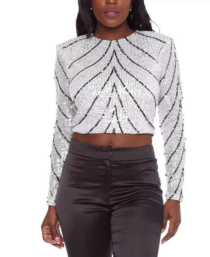 Juniors' Scoop-Neck Long-Sleeve Sequin Crop Top | Macy's Canada