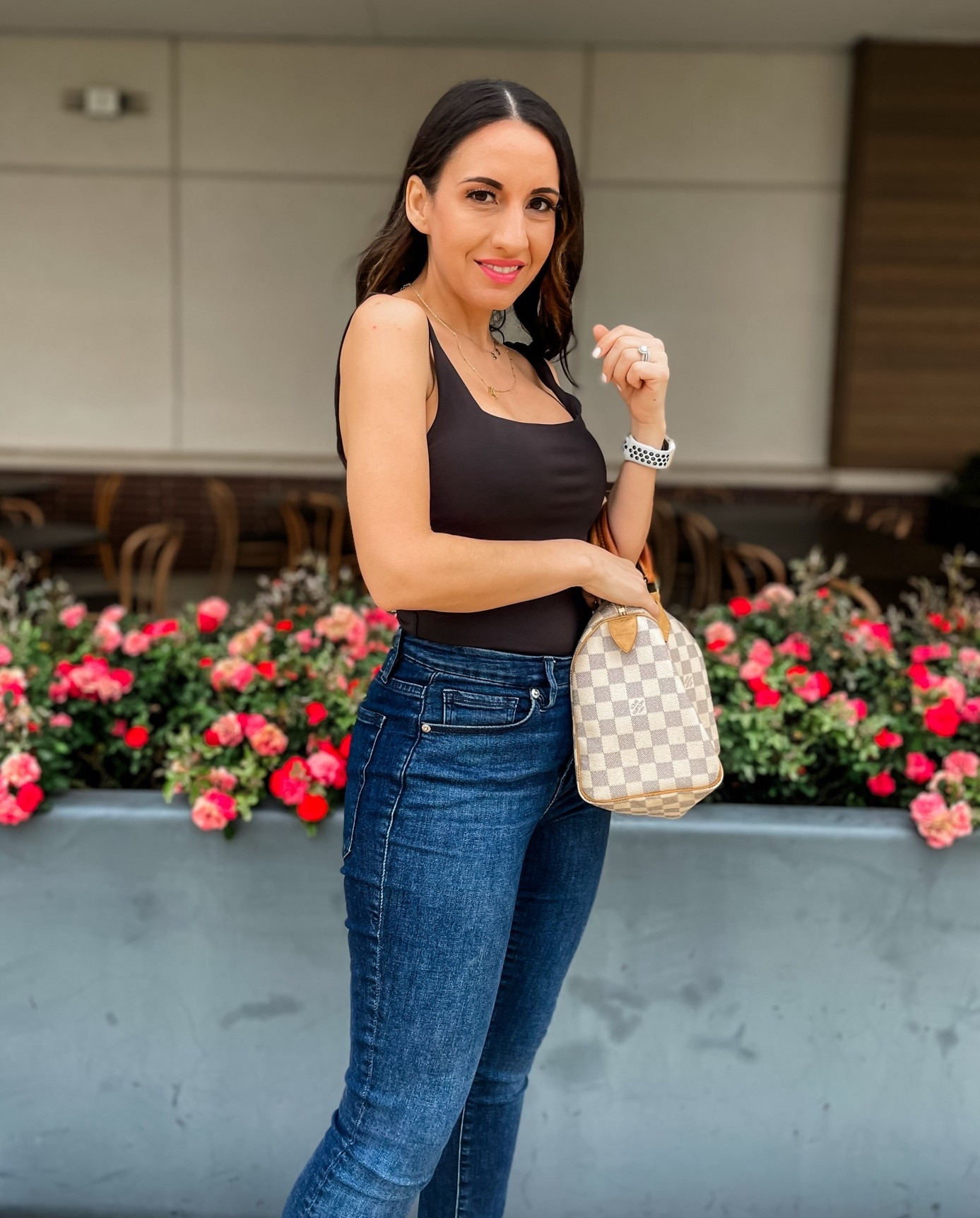 Black square neck bodysuit. It runs true to size. 
Good American jeans fit so well, and the quality is amazing. They run true to size. Wearing a size 26. 
Louis Vuitton Speedy handbag. I’m linking a few really cute neutral colored handbags. 
Petite style 
Petite outfit 
Amazon style

#LTKOver40 #LTKPetite #LTKootd