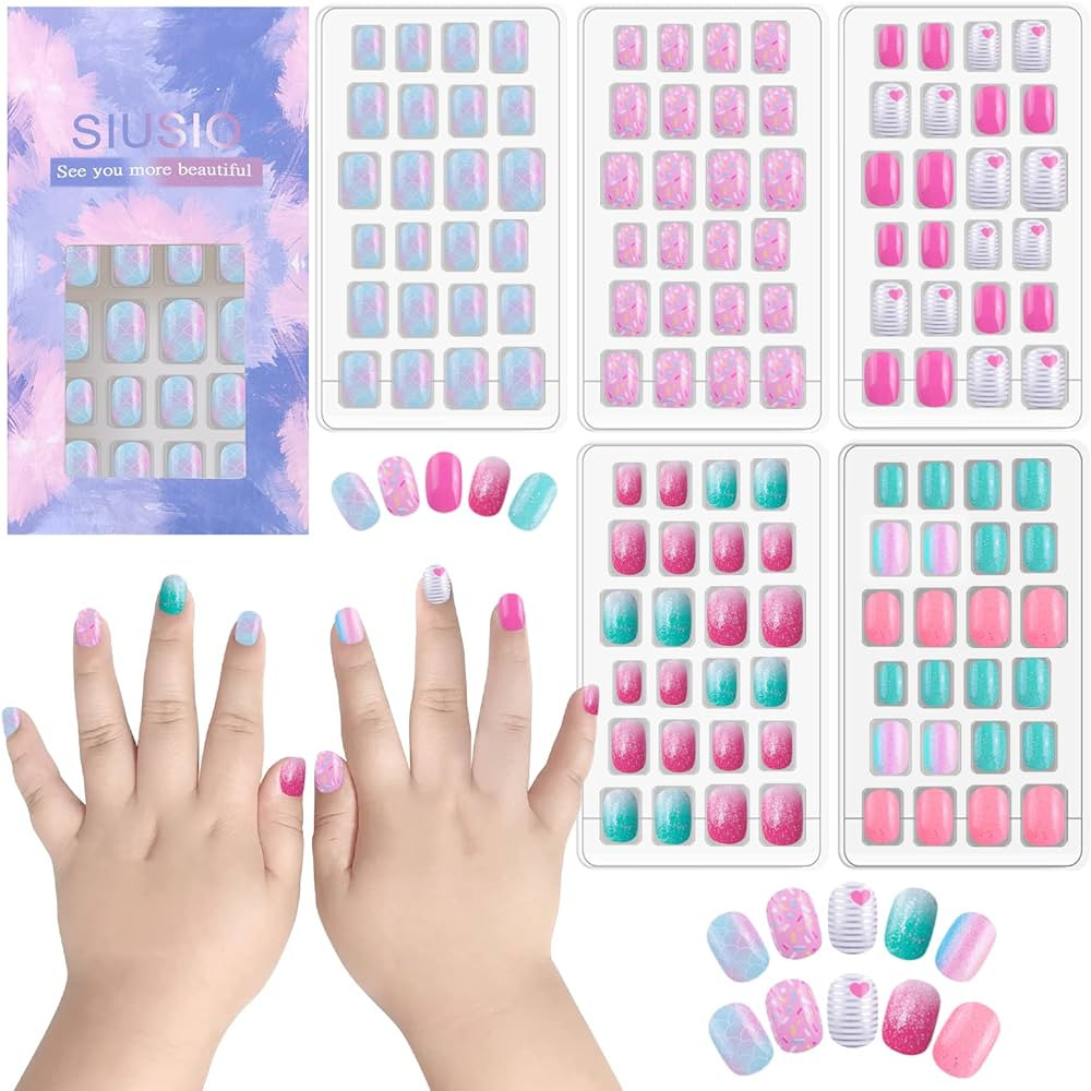 SIUSIO 120 Pcs 5 Pack Children Acrylic Fake Nails Press on Pre-glue Full Cover Glitter Gradient C... | Amazon (US)