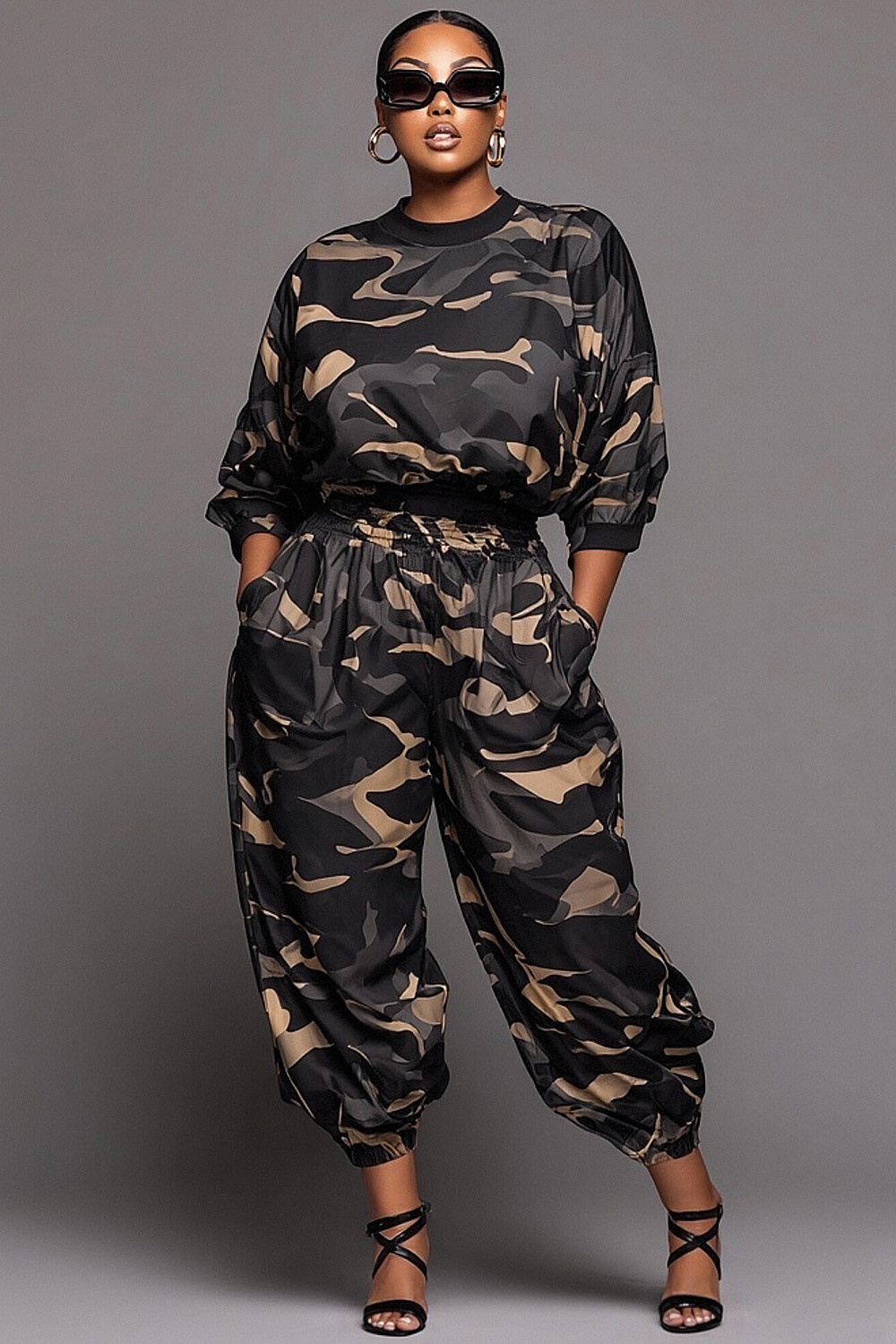 Xpluswear Design Plus Size Daily Green Camo Round Neck Long Sleeve Pocket Casual Two Piece Pant S... | Xpluswear