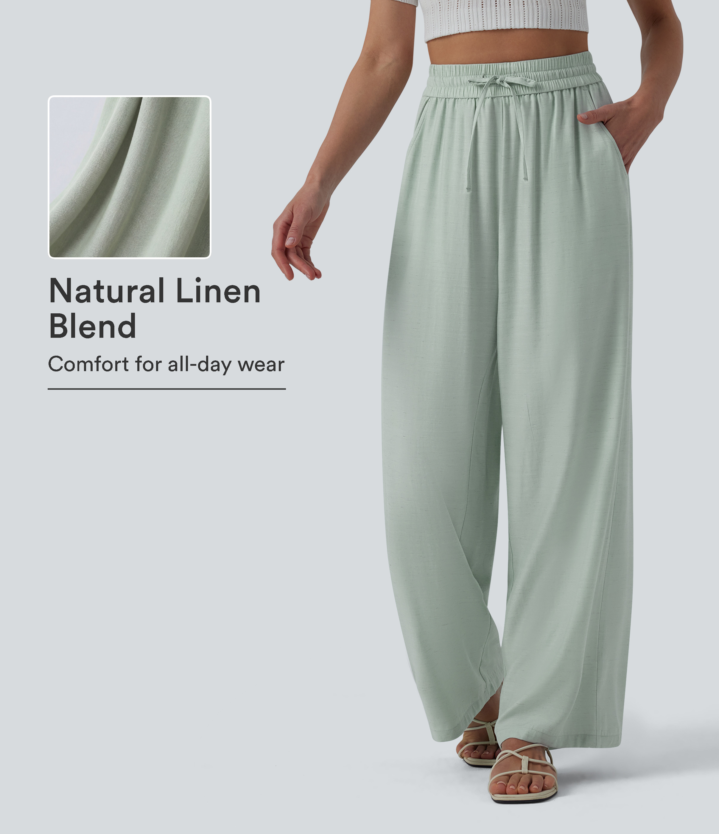 Halara High Waisted Drawstring Wide Leg Casual Linen-Blend Pants with Pockets  - Aqua Gray - S(tall) sweatpants jogger pants | HALARA
