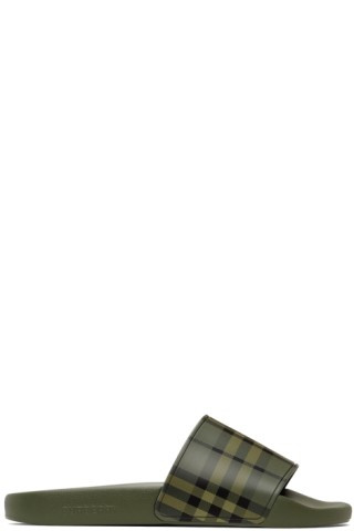 Burberry - Green Check Furley Slides | SSENSE