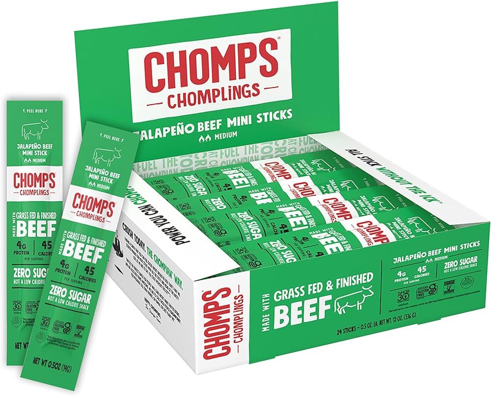CHOMPS Snack Size Grass Fed Jalapeno Beef Jerky Meat Snack Sticks, Keto, Paleo, Whole30 Approved,... | Amazon (US)
