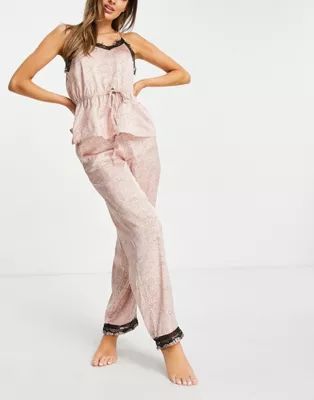 Vero Moda lace trim satin pyjama set in pink abstract print | ASOS (Global)