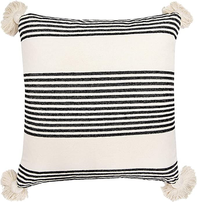 Creative Co-Op Cream Cotton & Chenille Black Stripes & Tassels Pillows | Amazon (US)