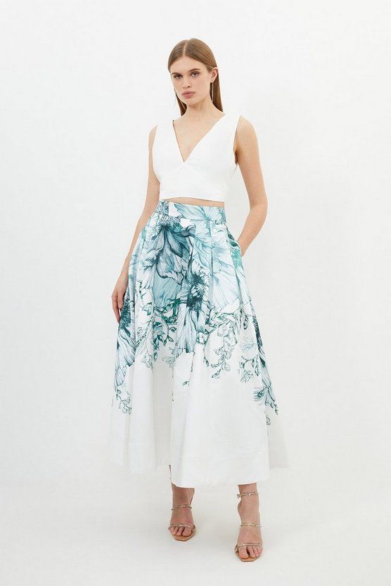 Placed Floral Twill Full Midi Skirt | Karen Millen UK + IE + DE + NL
