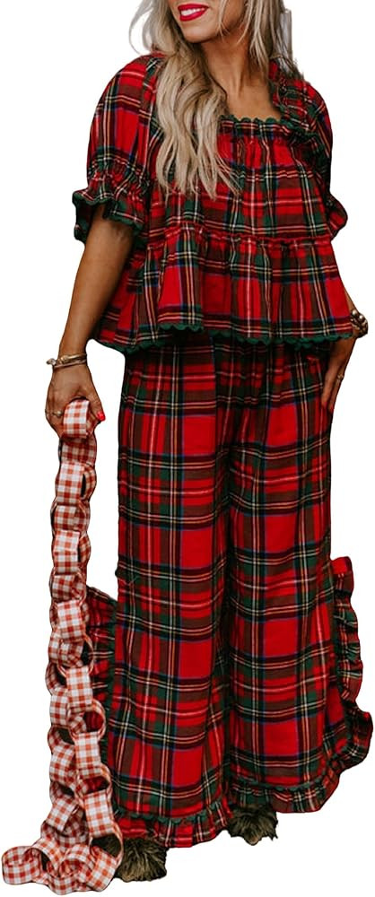 Women Plaid Christmas Cute Pajamas Short Sleeve Ruffle Gingham Babydoll Top Wide leg Pants 2 Piec... | Amazon (US)