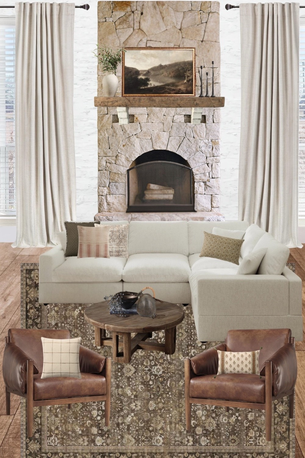 This cozy living room design is all about layering warm neutrals with rich wood tones and timeless textures to create a space that feels both elevated and lived-in. From the soft neutral sectional to the vintage-inspired rug and warm leather chairs, every piece works together to bring in that collected, cozy feel so many of you have been loving lately.

I focused on mixing textures here—linen, wood, leather, and subtle pattern—to keep the palette neutral without feeling flat. The stone fireplace and wood mantel really anchor the space and give it that warm, welcoming focal point, while the coffee table and decor add just enough depth and character.

If you’ve been wanting a living room that feels calm, cozy, and pulled together without trying too hard, this is such a good direction to go. Everything is linked below for easy shopping.

#LTKHome