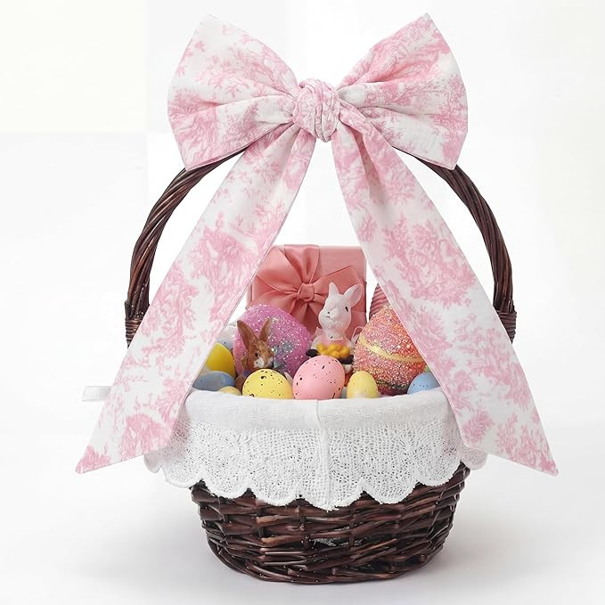Qinyoung Easter Wicker Basket with Bow Large Pink Gift Basket with Handle Scallop Liner for Sprin... | Amazon (US)