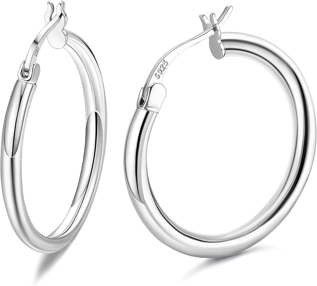 Milacolato 925 Sterling Silver Hoop Earrings for Women Girls 18K White Gold Plated 2.5mm Chunky H... | Amazon (US)