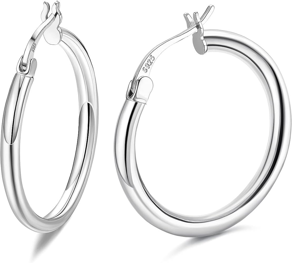 925 Sterling Silver Hoop Earrings for Women Girls 18K White Gold Plated Chunky Huggie Hoop Earrin... | Amazon (US)