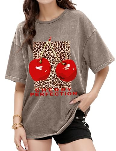 Women's Oversized Graphic Tees Cherry T Shirts Washed Vintage Casual Summer Baggy Cotton Tops Cut... | Amazon (US)