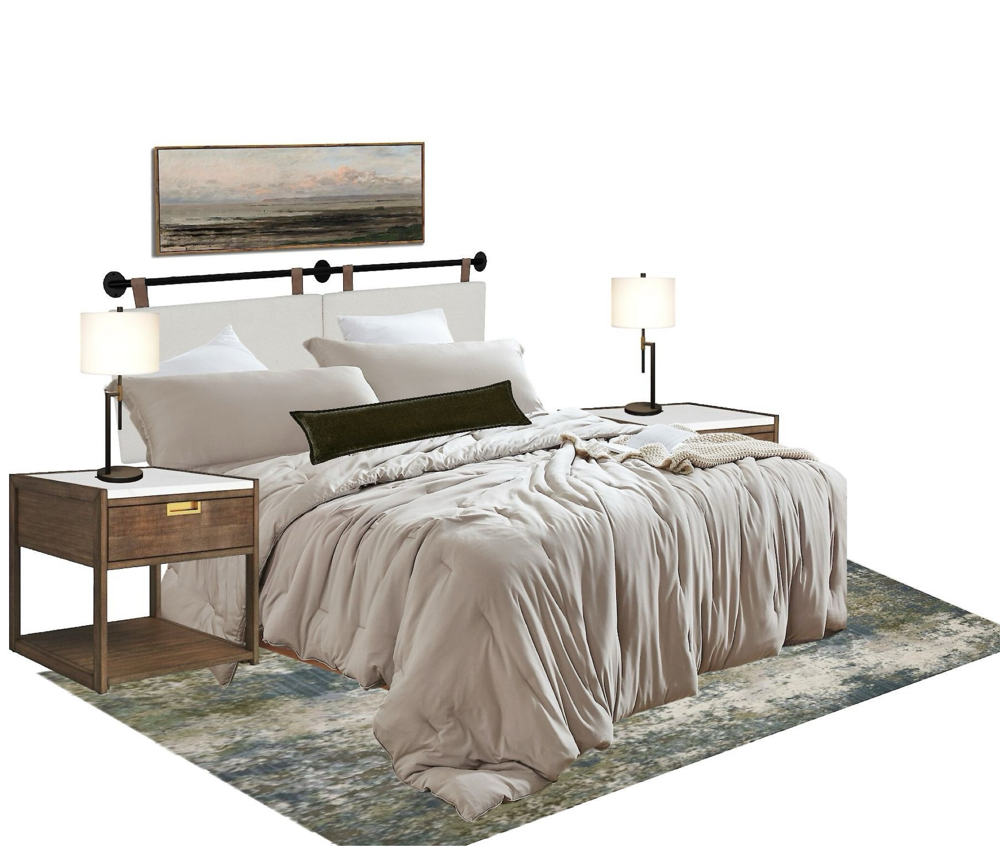 Client requested green inspired neutral guest bedroom design.  Accents of black and gold. Beige bedding, nightstands, headboard, lumbar pillow, lamps.

#LTKHome #LTKSaleAlert