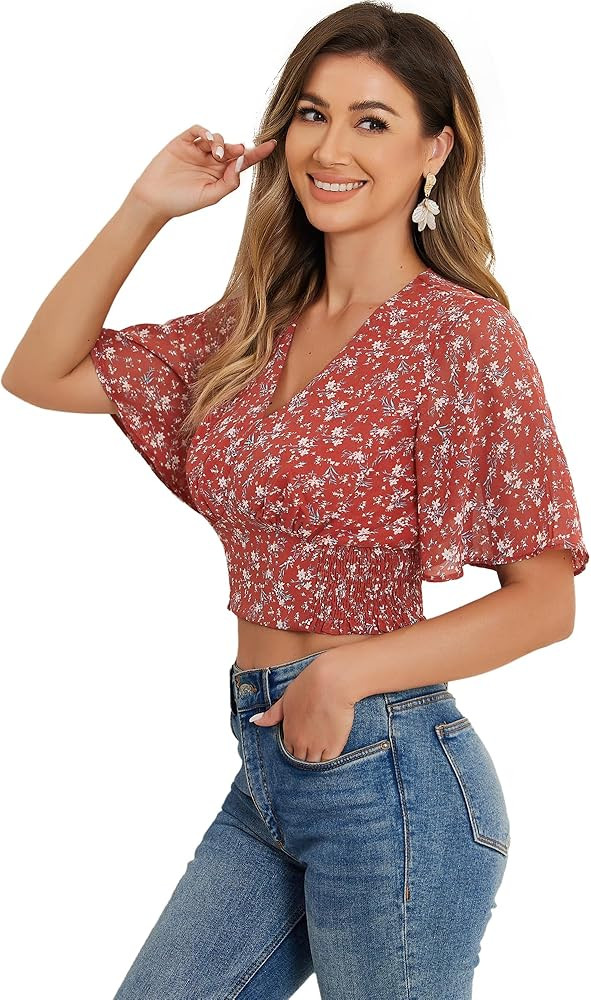 Allegra K Women's Floral Flare Short Sleeve V Neck Summer Smocked Crop Tops | Amazon (US)