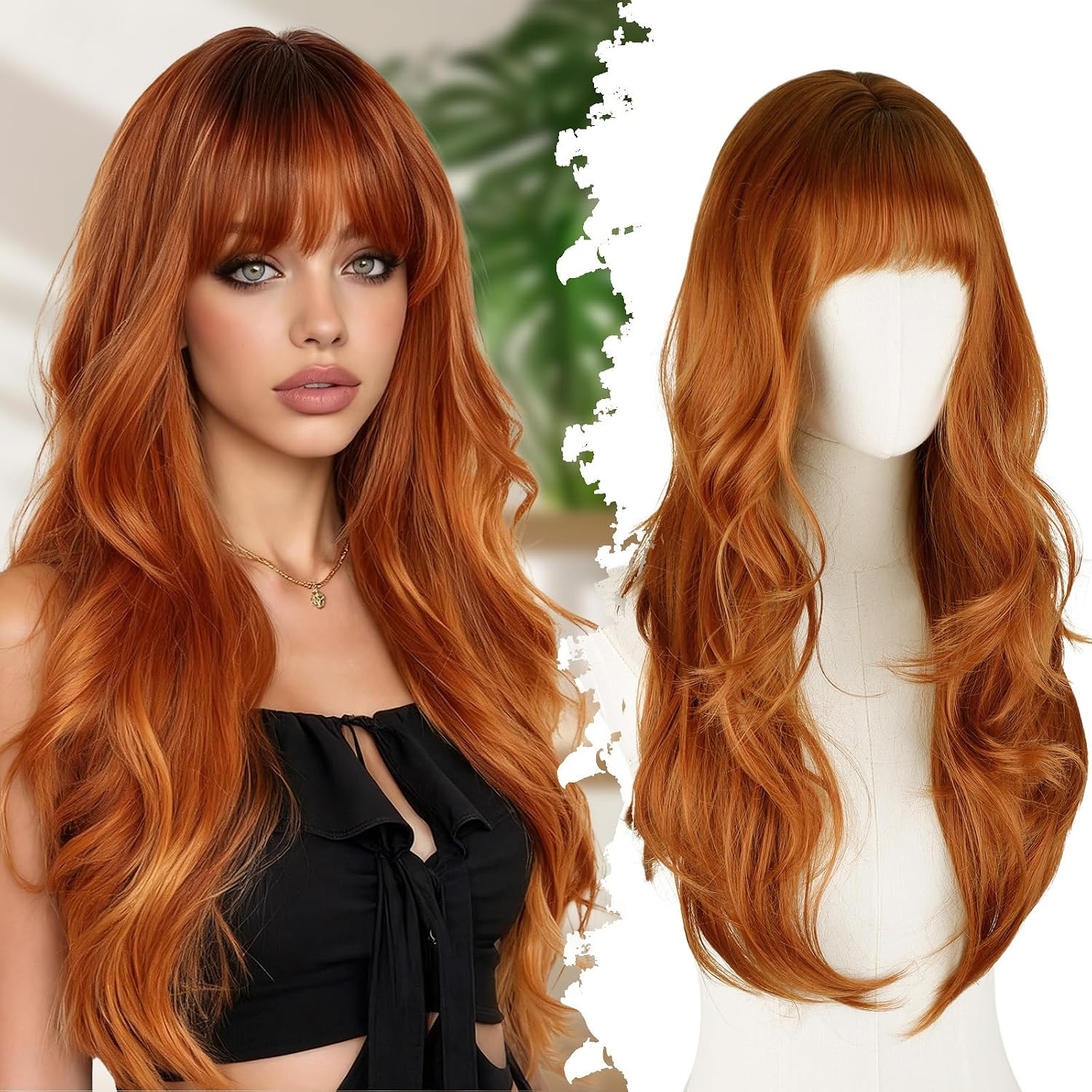 Long Layered Ombre Ginger Wig with Bangs Wavy Wigs for Women 26 Inch | Amazon (US)