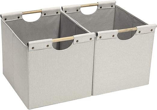 HOONEX Large Foldable Cube Storage Bins, Linen Fabric, 2 Pack, with Wooden Carry Handles and Stur... | Amazon (US)