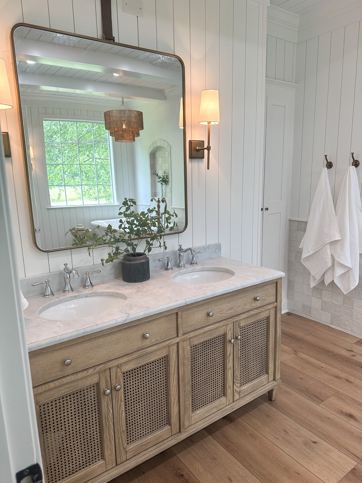 Vanity is 60” in the finish Seadrift. 
Light fixtures are tumbled brass. 🤍

#LTKFind #LTKstyletip #LTKhome